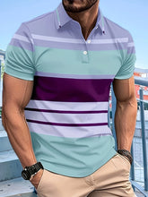 Model in deep purple VividStripes Luxe Polo with colorful stripes and short sleeves