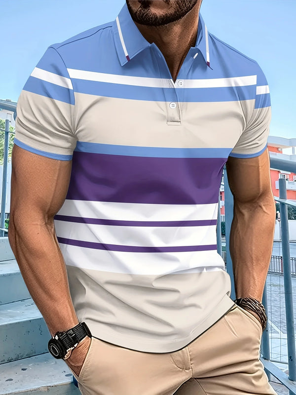 Model wearing pacific blue VividStripes Luxe Polo featuring vibrant stripes and button placket