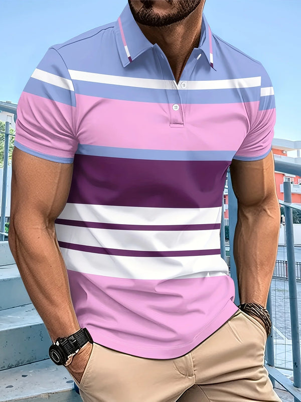 Model wearing purple-pink VividStripes Luxe Polo with bold multi-color stripes and classic collar