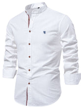 Front angle of men’s White Aura Lift Zenith mandarin collar button-up shirt with foldable sleeves.