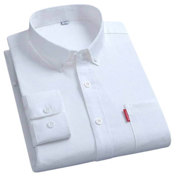 Folded front view of men’s white Business MVP Elite long sleeve button-down shirt showcasing collar, placket, and sleeve cuff