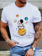 Model front view wearing men’s white Cosmic Voyager astronaut graphic tee