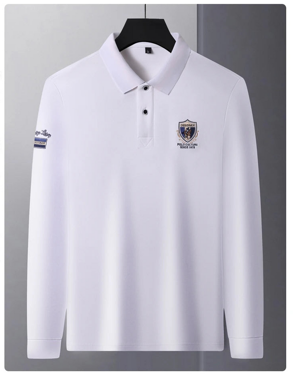 Front view of white Equestrian Crest Designer Polo on hanger.