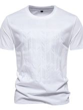 Front view of White GeoLuxe Modern Embroidered Round Neck Tee showcasing geometric embroidery and clean round-neck design.