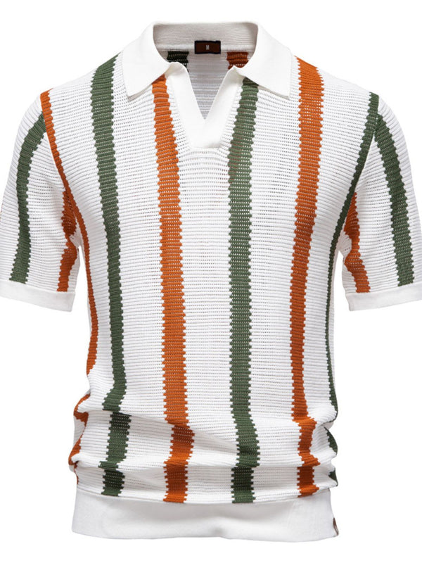 Front view of white SunStride Vitality Striped Knit Polo with green and orange stripes, collared V-neck, and knit texture.