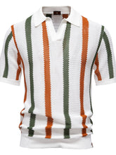 Front view of white SunStride Vitality Striped Knit Polo with green and orange stripes, collared V-neck, and knit texture.