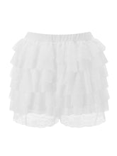 White LacéraBloom Women’s Ruffle Lace Bow Shorts with layered ruffles and decorative bow, back view