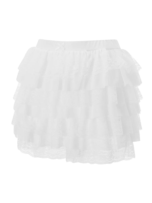 White LacéraBloom Women’s Ruffle Lace Bow Shorts with layered ruffles and decorative bow, front view