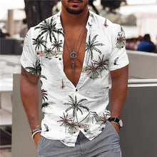 Model wearing White Palm Tropicscape Breeze Hawaiian Button-Up in classic palm tree print, front view