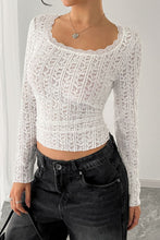 Plus size inclusive lace detail white long sleeve T-shirt, shown on a model in a relaxed, chic outfit.