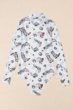 White Printed Mock Neck Long Sleeve Bodysuit displayed on a wooden hanger against a neutral background, highlighting the sleek fit and trendy print.