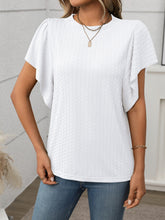 Side profile of the Round Neck Flutter Sleeve T-Shirt in white, highlighting the soft flutter sleeves and flattering round neckline.