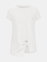A close up front photo of the white Full Size Ruched Wavy Textured Round Neck Short Sleeve T-Shirt.