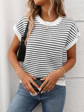 Close-up of the ribbed round neckline and striped knit texture in White color, highlighting quality fabric and stitching details.