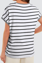 Back view of white striped knit round neck short sleeve top, showing clean, classic design with short sleeves and fitted knit trim.