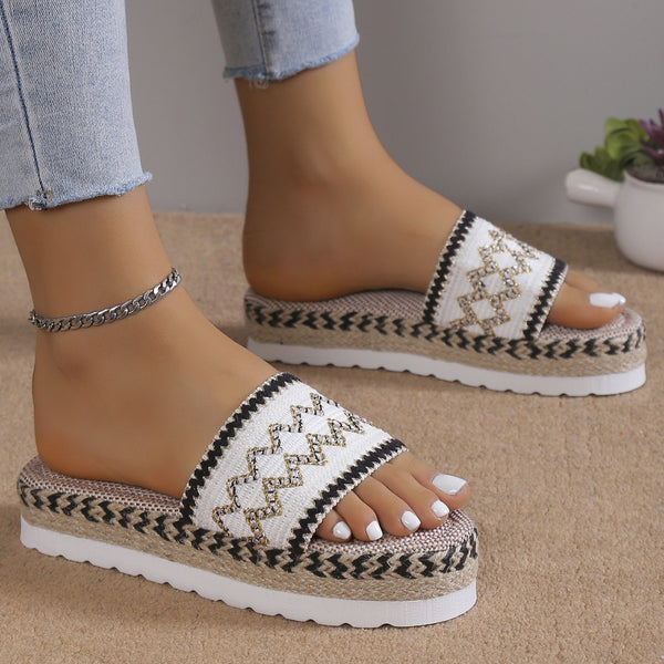 a model wearing a white pair of Geometric Weave Platform Sandals