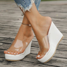 Model wearing white open toe Wedge Sandals paired with a white pearl bracelet