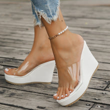 Model wearing white open toe Wedge Sandals paired with a white pearl bracelet