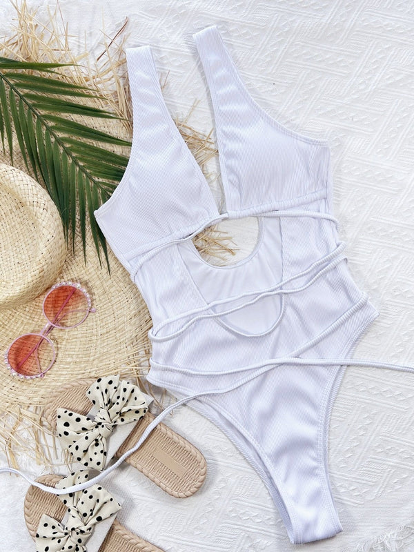 White ribbed lace-up one-piece swimsuit front flat lay view