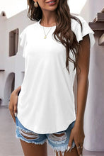 White ruffled round neck cap sleeve blouse front view