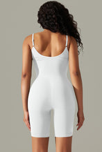 White active romper back view showing thick spaghetti straps and contoured fit.