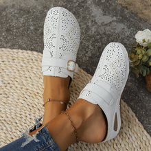 Model front pose of white Suede Round Toe Wedge Sandals with two golden anklets and ripped blue jeans highlighting perforation detail.