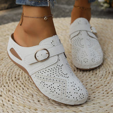 Model front and side pose of white Suede Round Toe Wedge Sandals with two golden anklets and ripped blue jeans.