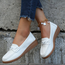 White Weave Wedge Heeled Loafers styled on model