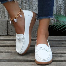 White Weave Wedge Heeled Loafers walking front shot