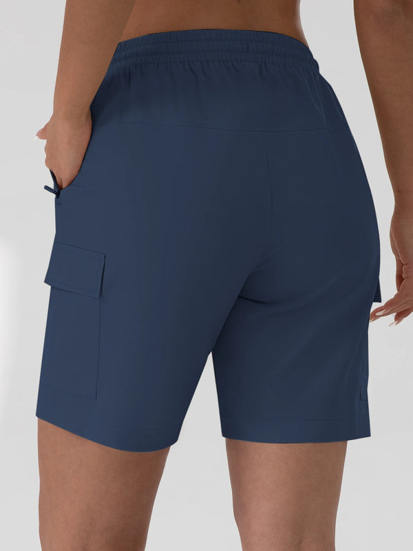 Back view of women's  navy lightweight cargo shorts with drawstring waist.