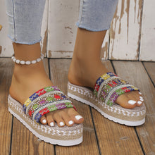 Front view of multicolor Open Toe Platform Sandals with a  white crystal anklet and light blue jeans showcasing woven zig zag detail.
