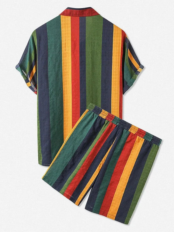 Back flat lay of Xyleron Earthtone Shorts Set highlighting shirt back and shorts with pockets.