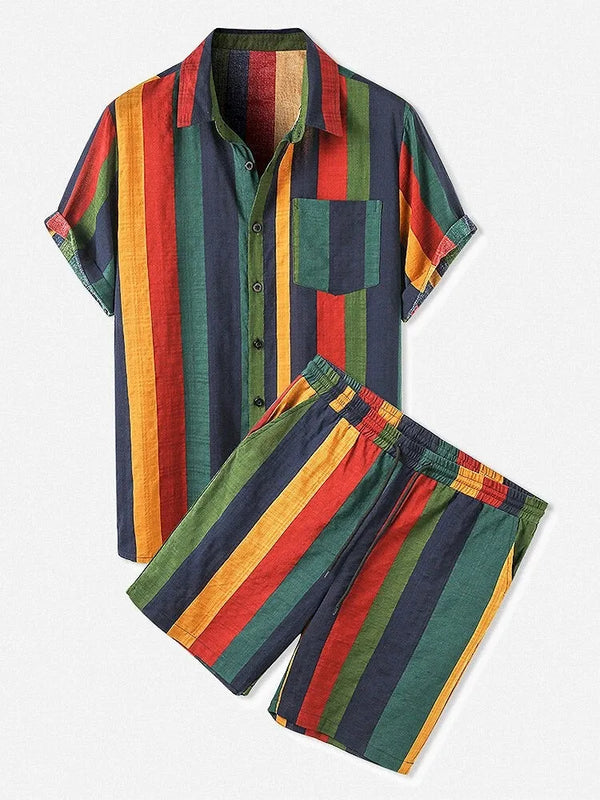 Front flat lay of Xyleron Earthtone Shorts Set showing button-up shirt with chest pocket and elastic waist shorts with drawstring.