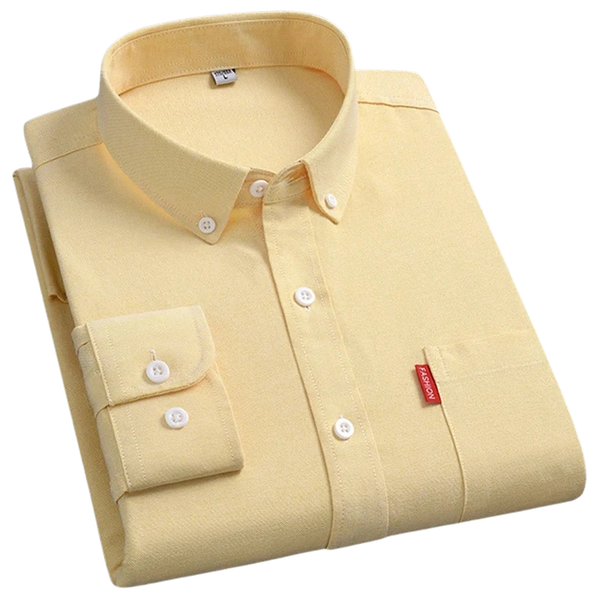 Folded front view of men’s yellow Business MVP Elite long sleeve button-down shirt showcasing collar, placket, and sleeve cuff