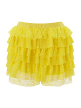 Yellow LacéraBloom Women’s Ruffle Lace Bow Shorts with layered ruffles and decorative bow, back view