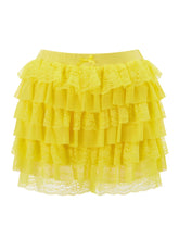 Yellow Lacéra Bloom Women’s Ruffle Lace Bow Shorts with layered ruffles and decorative bow, front view