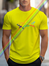Model front view in yellow SharkWave Spectrum tee