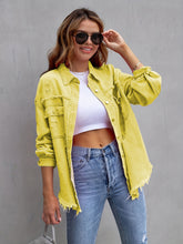 Model wearing a yellow CloudKitten Distressed Drop Shoulder Denim Jacket, featuring light distressing, button-up closure, and chest pockets with a relaxed fit.
