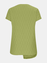 A close up back photo of the yellow-green Ruched Wavy Pattern Round Neck Short Sleeve T-Shirt.
