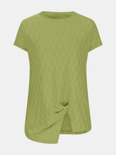 A close up front photo of the Yellow-Green Full Size Ruched Wavy Textured Round Neck Short Sleeve T-Shirt.