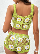 Yellow-Green Flower Cutout Two-Piece Cover Up back view showing tied back detail and crochet flower accents.