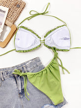 Yellow-green frill trim halter neck bikini set back flat lay view