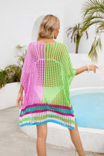Yellow-green Valenyra openwork contrast cover-up back view poolside