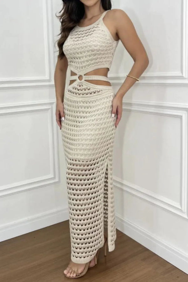 Model lounging outdoors in beige Zalithé™ Cutout Slit Sweater Dress paired with gold bangles and tan heels.