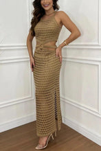 Model at a modern café in taupe Zalithé™ Cutout Slit Sweater Dress styled with layered necklaces and sunglasses.