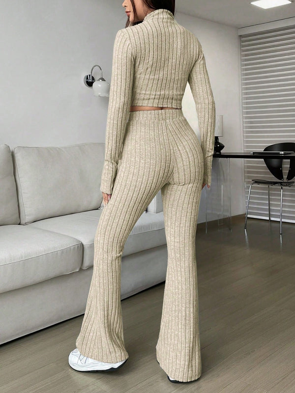 Zarisa Ribbed Zip Up Bootcut Duo khaki back view