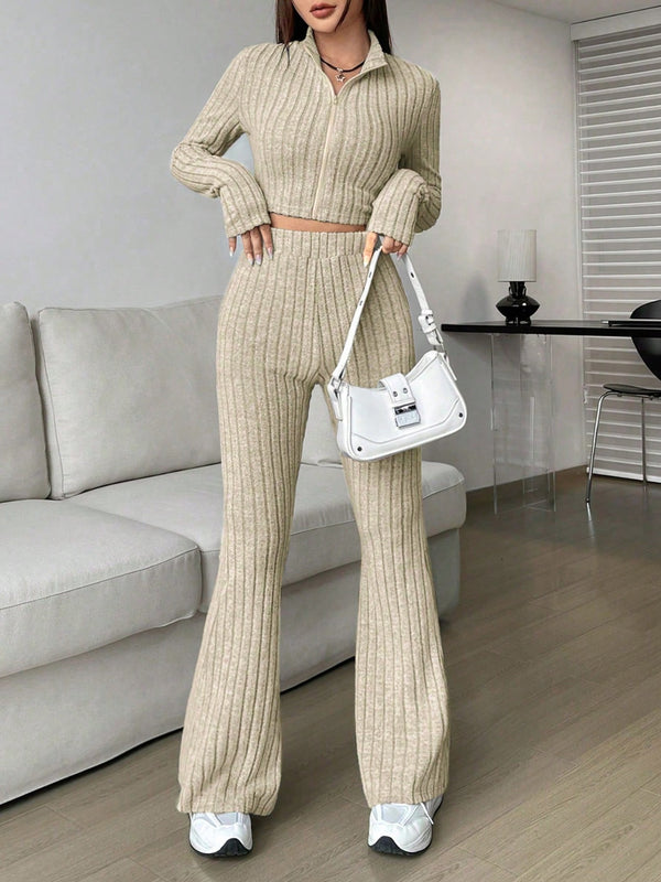 Zarisa Ribbed Zip Up Bootcut Duo khaki front view