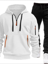 White Zayric StrikeFlex Set — front view featuring half-zip hoodie with contrast zippers, kangaroo pocket, arm pocket, and tapered-leg pants