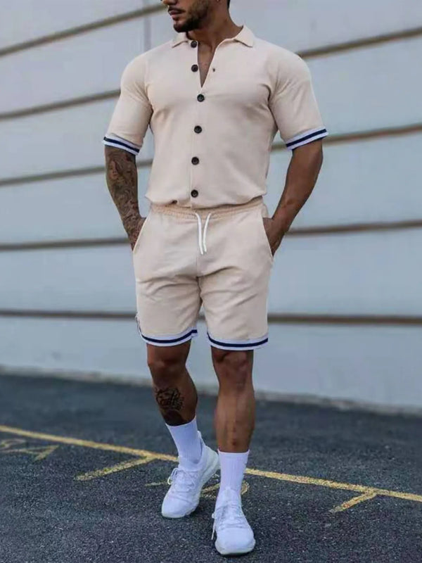 Men’s plus size Zayric StripeEdge button-up top and shorts set in khaki — front view styled with white sneakers.