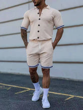 Men’s plus size Zayric StripeEdge button-up top and shorts set in khaki — front view styled with white sneakers.